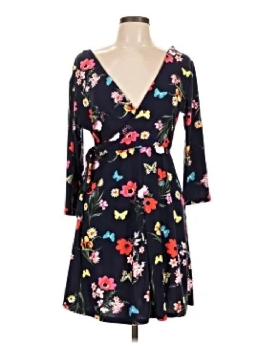 No Boundaries Navy Floral and Butterfly Wrap Dress with Tie Waist